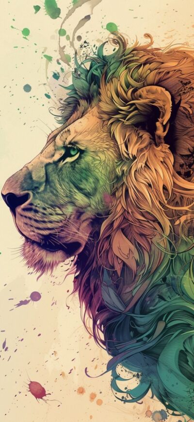 Artistic watercolor lion wallpaper with vibrant splashes of color, perfect for mobile | 4K Wallpaper | Yellow, Green, Blue, Purple, Orange