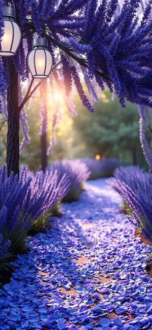 Pathway with lavender flowers, purple petals, lanterns, sunlit forest backdrop | 4K Wallpaper, for Mobile