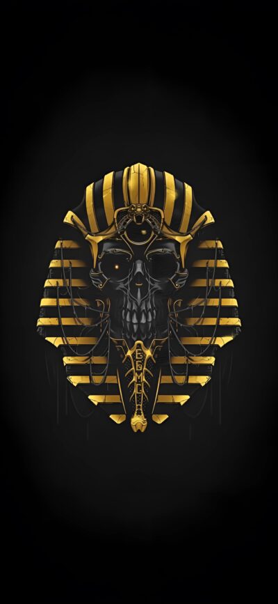 Ancient Egyptian pharaoh skull mask with gold and black stripes on a dark background | 4K Wallpaper for Mobile