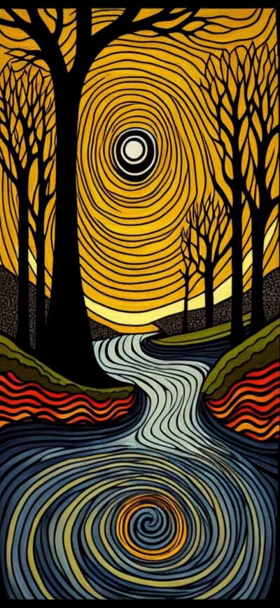 Abstract landscape: swirling river, leafless trees, stylized sun | Black, Yellow, Red | 4K Wallpaper for Mobile | Nature, Artistic, Abstract