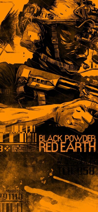 Gritty soldier illustration with "Black Powder Red Earth" text in bold lines and high contrast | Orange, Black | 4K Wallpaper, for Mobile