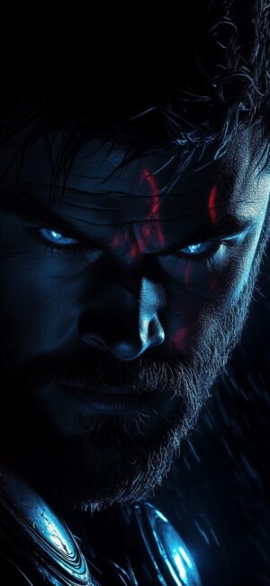 Thor with glowing blue eyes and intense expression | Dramatic lighting highlights power and determination | 4K Wallpaper for Mobile