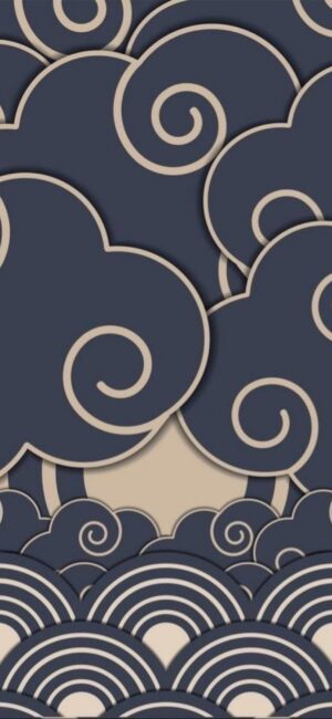 Abstract swirling clouds and layered waves in navy blue and beige | 4K Wallpaper for Mobile