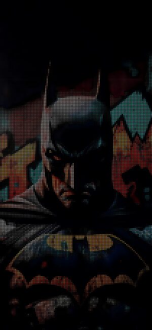 Batman pixelated with bat symbol on graffiti background | Black, Yellow, Red, Teal | For Mobile | 4K Wallpaper