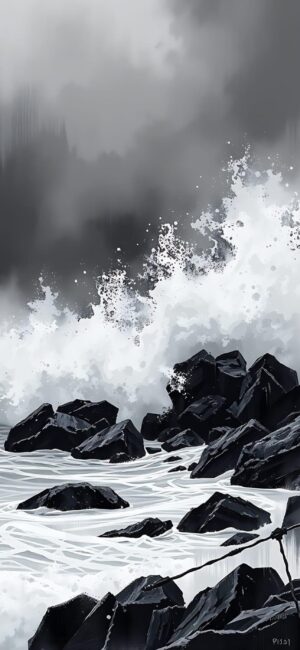 Dramatic ocean waves crash against rugged rocks under a stormy sky; nature's raw power captured. | Gray, Black, White | 4K Wallpaper for Mobile