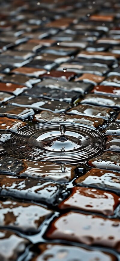 Serene raindrop on wet cobblestones, earthy tones creating a natural texture | 4K Wallpaper for Mobile | Gray, Brown, Black tones