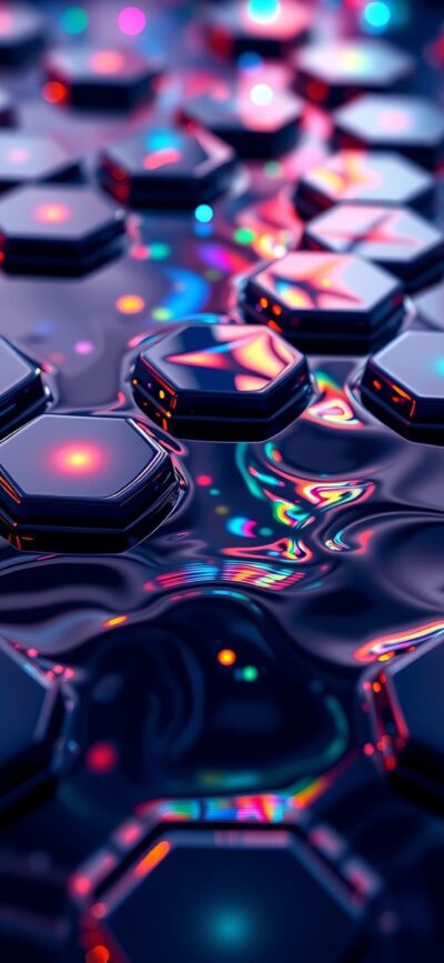 Abstract vibrant hexagonal design with glowing blue, pink, and orange lights | 4K Wallpaper for Mobile