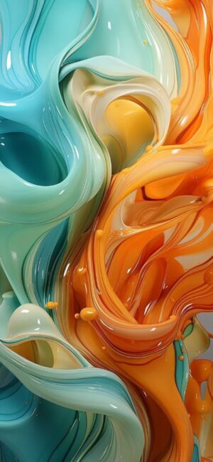 Abstract swirl of teal and orange waves resembling flowing paint | 4K Wallpaper for Mobile