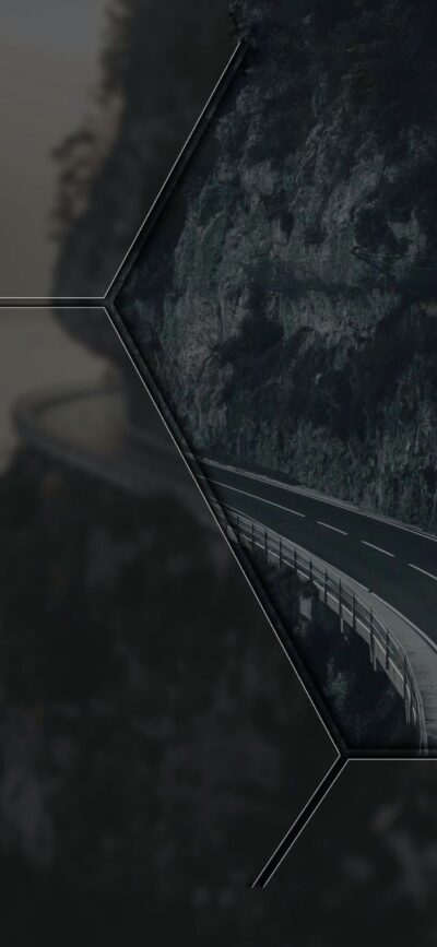 Mountain road with geometric overlay, black, green, gray hues, capturing adventure and nature's beauty | 4K Wallpaper for Mobile