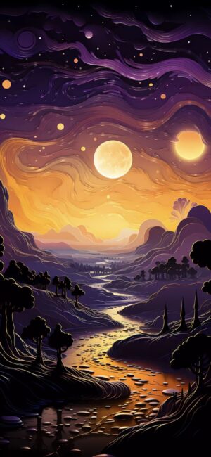 Fantastical landscape with starry skies, two moons, and a winding river in vibrant hues. | 4K Wallpaper for Mobile