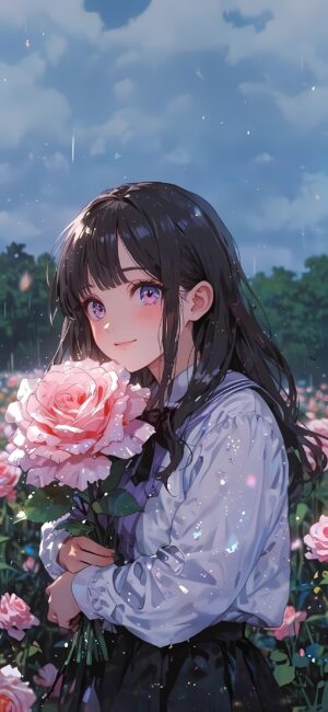 Anime girl with pink roses in a rain-soaked rose field under cloudy skies | 4K Wallpaper for Mobile | Pink, Blue, Green.