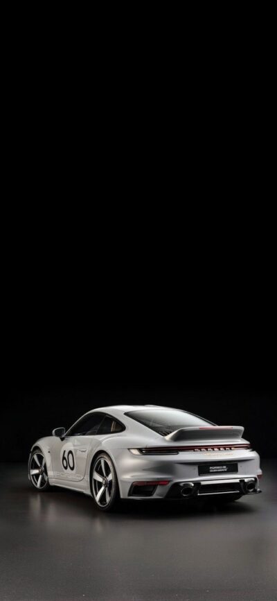 White sports car rear view emphasizing sleek design against dark background, number "60," for mobile | 4K Wallpaper