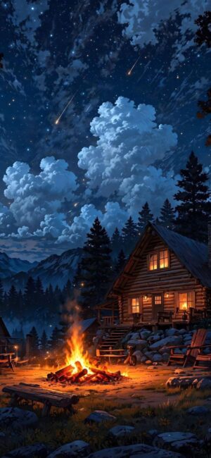 Cozy cabin with pine trees, campfire, starry night sky, and distant mountains | 4K Wallpaper for Mobile