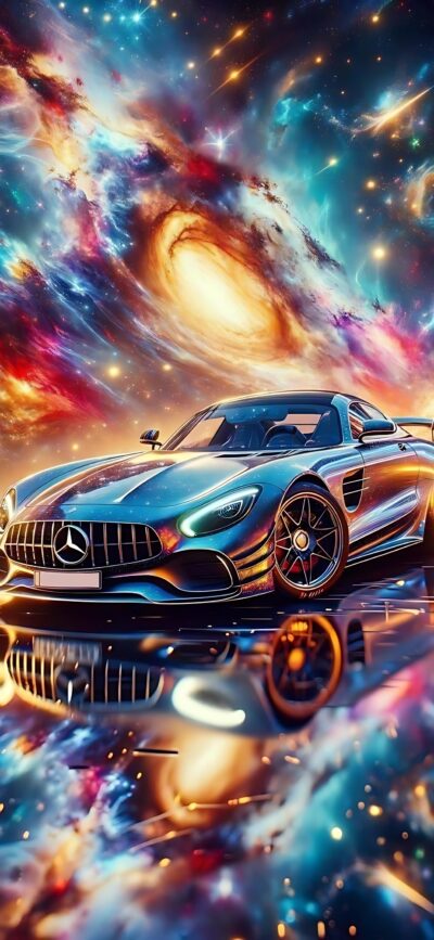 Mercedes car with a cosmic backdrop of swirling galaxies and nebulae in blue, purple, orange, and yellow tones | 4K Wallpaper for Mobile