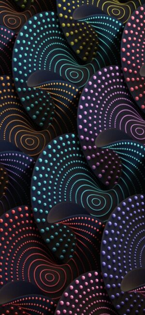 Abstract design with layered circles and vibrant dotted patterns in black, blue, yellow, purple, red, green hues | 4K Wallpaper for Mobile