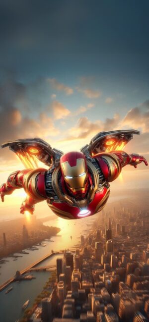 Iron Man flying over cityscape at sunset in red and gold armor | 4K Wallpaper for Mobile | Red, Gold, Orange, and Blue colors.