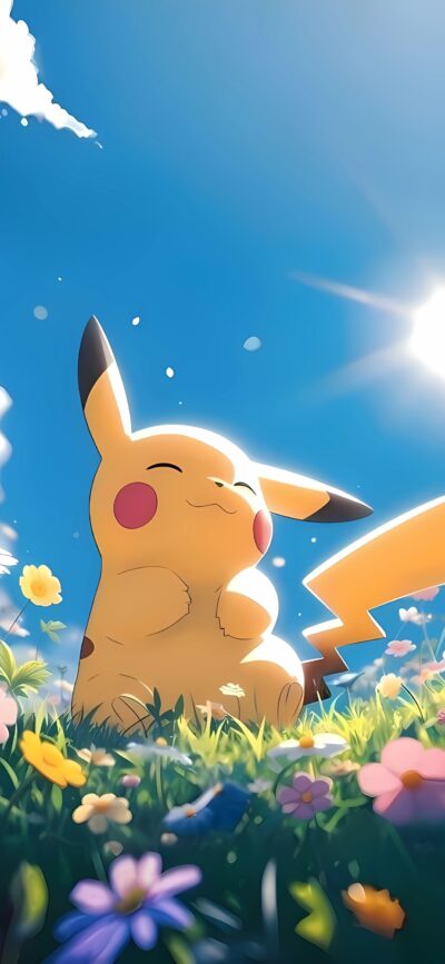 Pikachu in a sunny, flower-filled field | Yellow, Blue, Green | 4K Wallpaper for Mobile