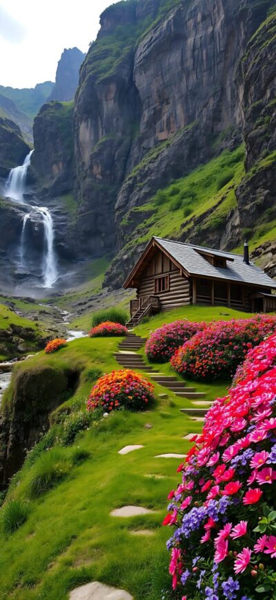 Cozy log cabin in lush valley with waterfall, pink and orange flowers | 4K Wallpaper for Mobile | Green, pink, and orange عناصر