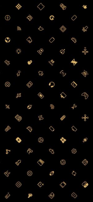 Gold abstract geometric icons on black background, minimalistic modern design, tech-inspired aesthetic | 4K Wallpaper for Mobile