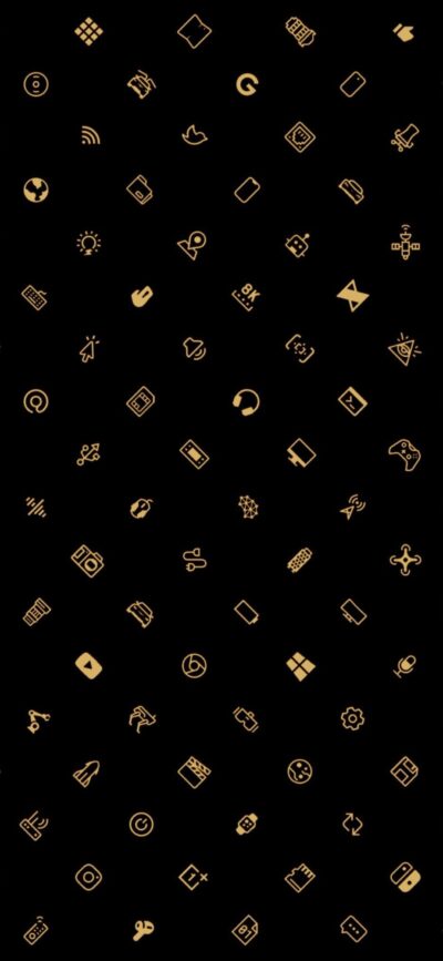 Gold abstract geometric icons on black background, minimalistic modern design, tech-inspired aesthetic | 4K Wallpaper for Mobile