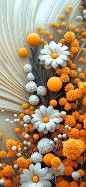 Abstract white daisies & orange pom-pom flowers blend in a vibrant geometric pattern | 4K Wallpaper, for Mobile