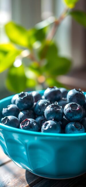 Close-up of fresh blueberries in a blue bowl, blurred green foliage in the background | 4K Wallpaper for Mobile