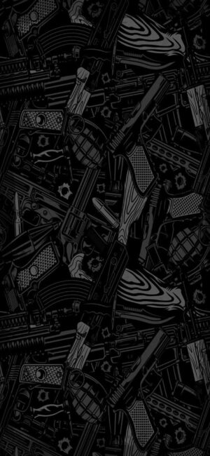 Abstract military-themed pattern, featuring monochromatic guns and grenades | 4K Wallpaper for Mobile | Black & Gray background