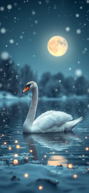 Swan gliding on tranquil lake under full moon with gentle snowfall and twinkling reflections | 4K Wallpaper | for Mobile