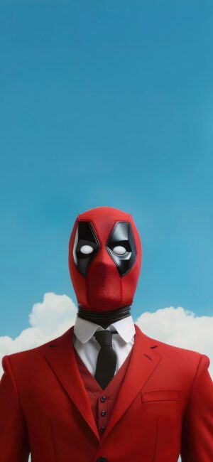 Deadpool in a red suit and tie against a blue sky with clouds, featuring his mask. | 4K Wallpaper for Mobile