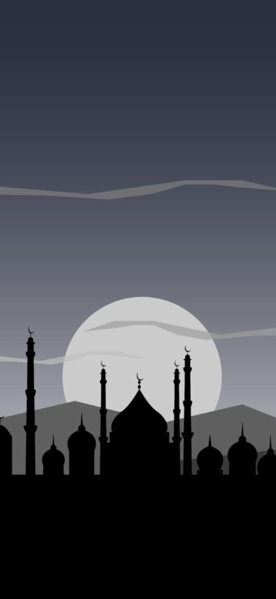 Silhouette of a mosque with minarets against a large moon in a gradient sky, for Mobile | 4K Wallpaper | Black, Gray, White.