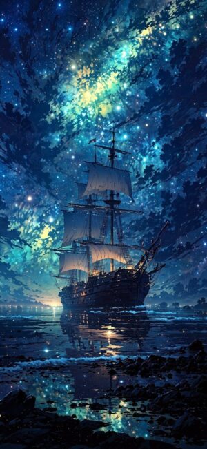 Majestic sailing ship under a starry night sky mirrored on water, in blue and black hues | 4K Wallpaper for Mobile