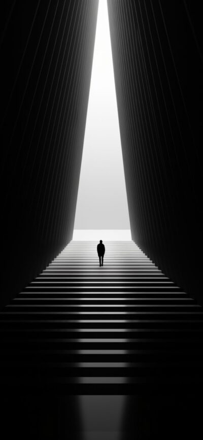 Solitary figure on staircase with triangular light, minimalistic and surreal. Black, white, gray. | 4K Wallpaper, for Mobile