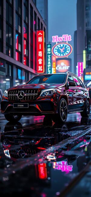 Mercedes-Benz SUV on a neon-lit wet street in a vibrant cityscape at night | Black, Red, Blue, Neon | 4K Wallpaper for Mobile