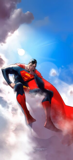 Superman soaring through clouds with sunlit blue sky | Red-blue "S" costume | 4K Wallpaper for Mobile