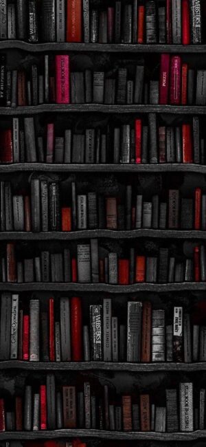 Moody bookshelf with black and red books, evoking mystery and sophistication | 4K Wallpaper for Mobile