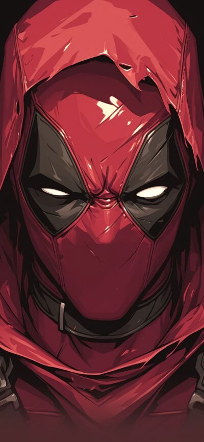 Deadpool's iconic red and black costume close-up, highlighting his mask and gaze | 4K Wallpaper, for Mobile | Red & Black