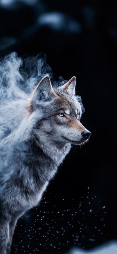 Majestic wolf in misty background, symbolizing strength and freedom | Blue, Gray, Black | 4K Wallpaper for Mobile