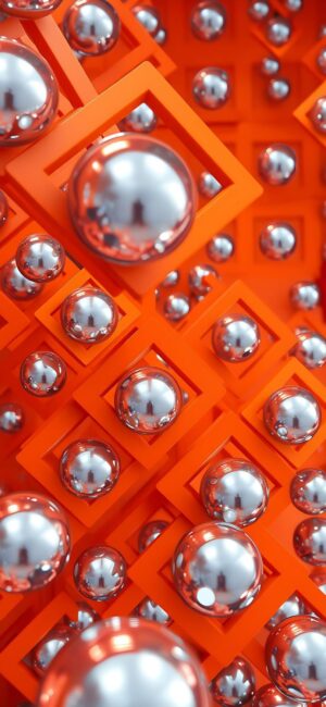 Abstract metallic silver spheres on vibrant orange background, geometric pattern | 4K Wallpaper for Mobile