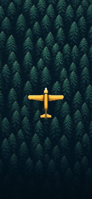 Yellow airplane over dark green pine forest, vibrant contrast | 4K Wallpaper for Mobile