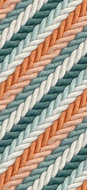 Woven textured pattern in orange, teal, blue, cream diagonal stripes | Cozy intricate design | 4K Wallpaper for Mobile