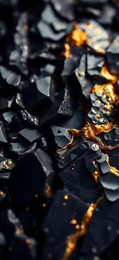 Close-up abstract wallpaper with sharp dark stones and glowing gold, featuring glossy black and shimmering highlights for mobile | 4K Wallpaper