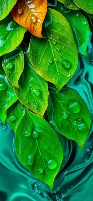 Green leaves with water droplets on a smooth background, exuding freshness and tranquility for mobile | 4K Wallpaper