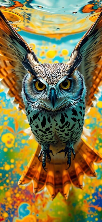 Intricate owl in flight with vibrant abstract background; vivid plumage and dynamic patterns. | 4K Wallpaper for Mobile.