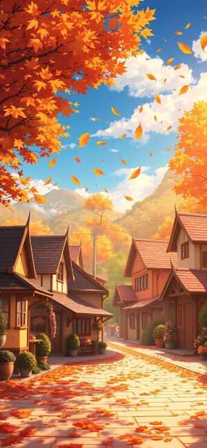 Autumn village scene with falling leaves, cozy atmosphere, orange-yellow foliage, and clear blue sky | 4K Wallpaper for Mobile