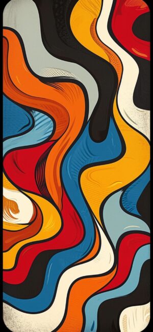 Abstract wavy pattern with vibrant red, orange, blue, yellow, black & white colors | 4K Wallpaper for Mobile