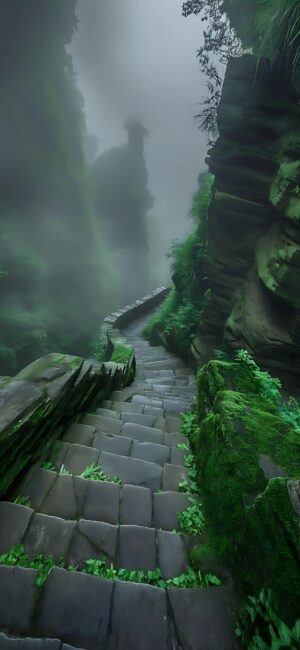 Mystical stone pathway in foggy, mossy landscape; serene & ethereal | Green, gray, black tones | 4K Wallpaper for Mobile