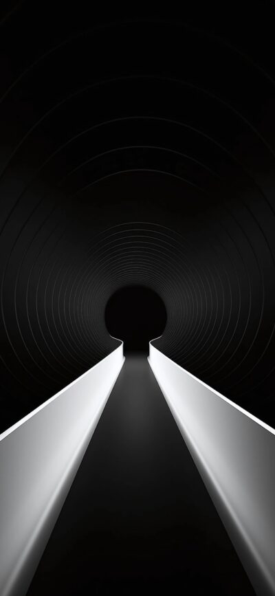 Futuristic abstract tunnel design with central black circle and sleek white beams, creating depth | 4K Wallpaper for Mobile