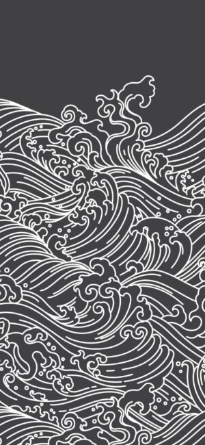 Monochrome stylized ocean waves with intricate line work, dynamic rhythm. Black & white | 4K Wallpaper for Mobile.