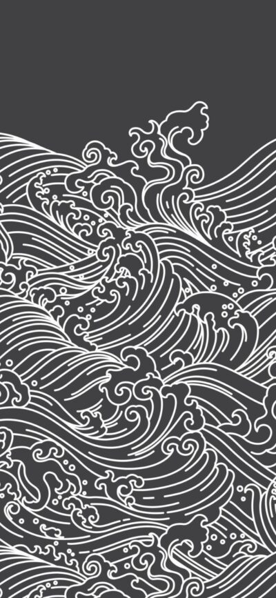 Monochrome stylized ocean waves with intricate line work, dynamic rhythm. Black & white | 4K Wallpaper for Mobile.