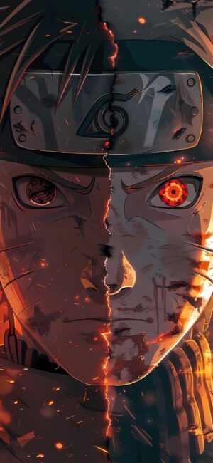 Naruto split-image with fiery effects and strong contrasts | 4K Wallpaper for Mobile